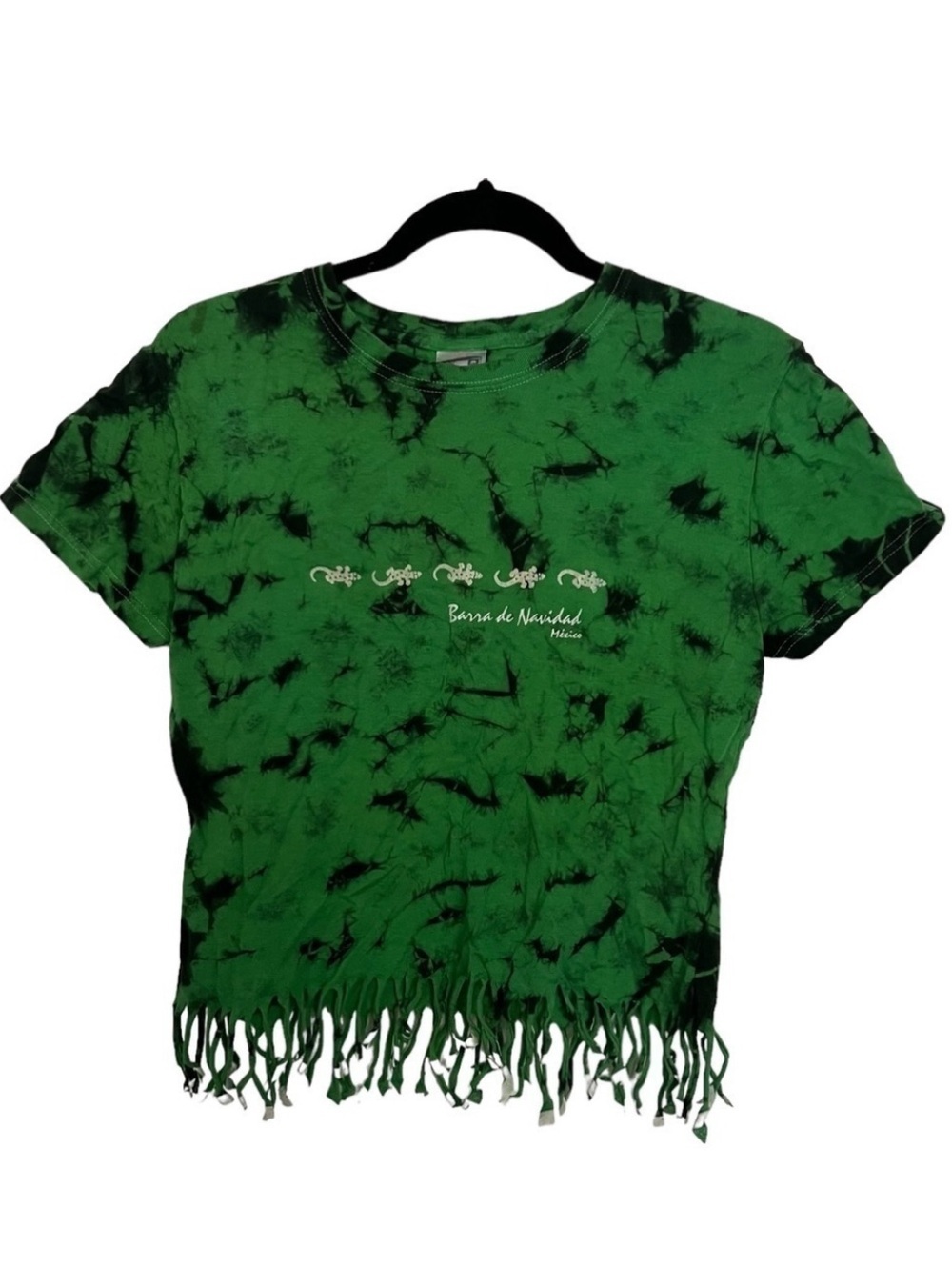 Yazbek Green Tie Dye Fringe Hem Mexico Resort Short Sleeve Crop Tee T Shirt - Picture 1 of 9